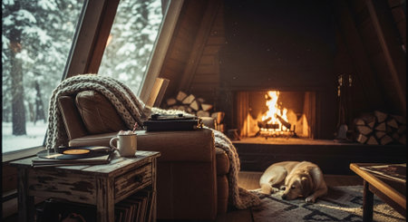 Cozy living room with fireplace, armchair, plaid, coffee cup and book. Cozy winter evening.の素材