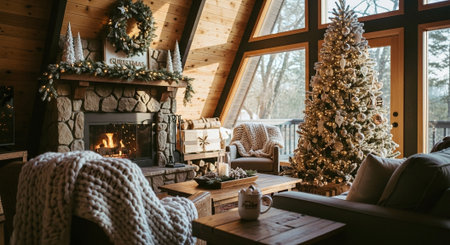Cozy living room with fireplace and christmas tree. Winter holiday concept.の素材