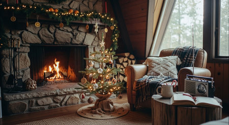 Cozy living room with christmas tree, fireplace and books.の素材