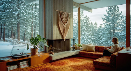 Woman sitting on sofa in cozy living room at home with view on winter forest.の素材