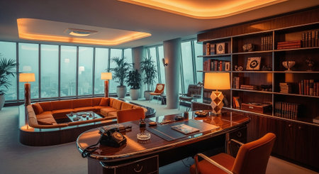 Luxury living room interior with furniture and window with city viewの素材