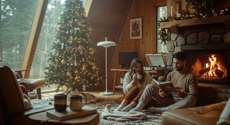 Happy couple sitting on the floor near the fireplace and looking at a digital tabletの素材