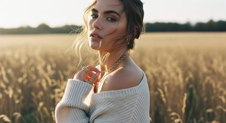Beautiful young woman in a wheat field at sunset. Beauty, fashion.の素材
