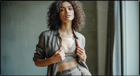 Portrait of a beautiful young woman with curly hair in a black braの素材