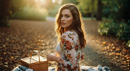 A girl in a floral dress is sitting in a park at sunset.の素材
