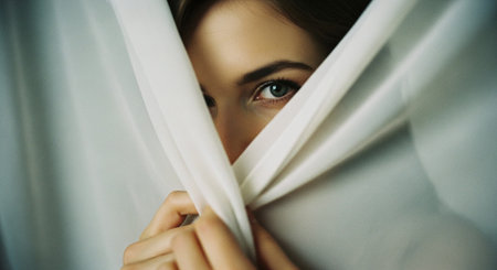 Beautiful young woman hiding behind the curtains. Close-up portraitの素材