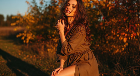 Portrait of a beautiful young woman in a long dress on a sunny autumn day.の素材