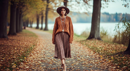 Beautiful young woman in a brown coat and hat walking in autumn parkの素材