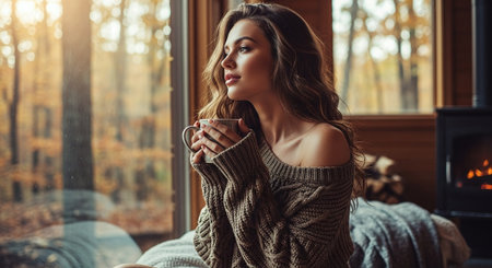 Beautiful young woman in knitted sweater sitting on the windowsill and drinking coffeeの素材
