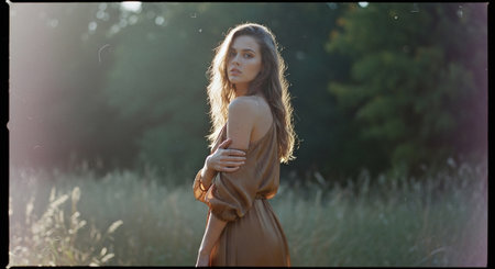 Beautiful young woman in a brown dress in the field at sunsetの素材