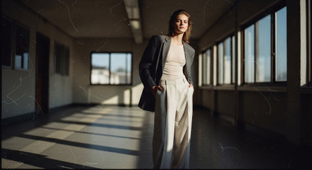 Portrait of a beautiful girl in a white dress and a black jacketの素材