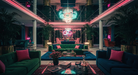 Interior of a night club with neon lights and colorful furniture.の素材