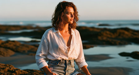 Beautiful young woman in a white shirt on the beach at sunsetの素材