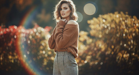 Portrait of beautiful young woman in autumn park. Fashion shot.の素材