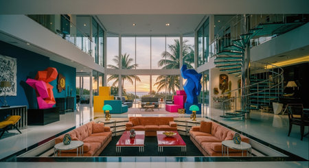 Luxury living room with palm tree and sunset in background.の素材