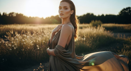Beautiful young woman in a long dress in the field at sunsetの素材