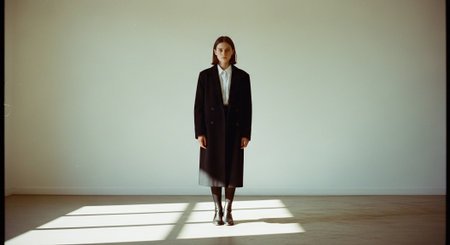 Beautiful young woman in black coat standing in the room with sunlightの素材