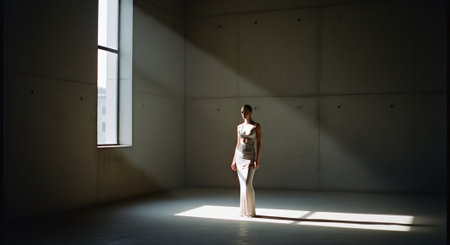 Young beautiful ballerina in white suit dancing in modern studio.の素材