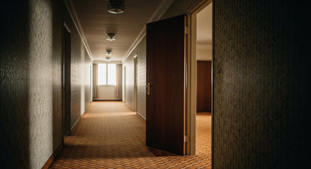 Interior of hotel corridor with wooden doors and sunlight. Nobody insideの素材