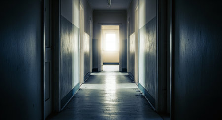 3d render of a corridor with light coming from the end.の素材