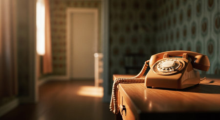Retro telephone on the table in the room. 3d renderingの素材