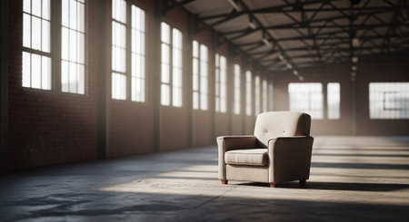 Comfortable armchair in empty warehouse. 3d rendering toned imageの素材