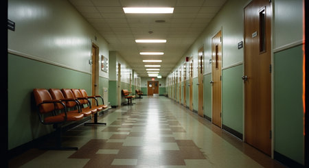Interior of an empty hospital corridor with a row of orange chairsの素材