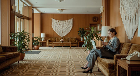 Businesswoman working with a laptop in the lobby of a hotel.の素材