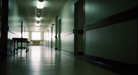 Interior of a hospital corridor with a long corridor in a hospitalの素材