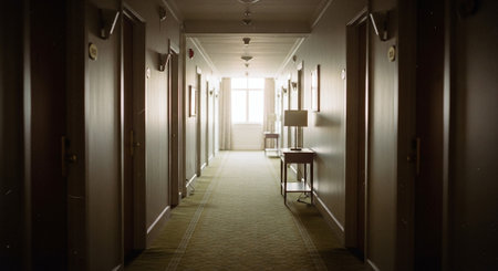 Interior of a hotel corridor with long corridor and light from the windowの素材