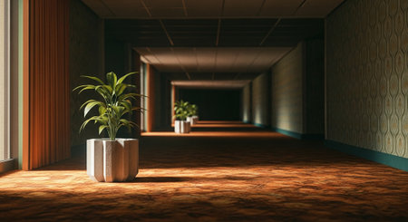 Interior of empty room with plant in pot. 3D renderingの素材