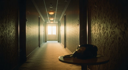 A long corridor in a hotel with a lamp and a man's hatの素材