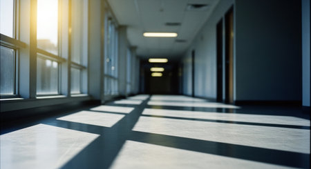 Perspective view of empty corridor with sunlight. 3d renderingの素材