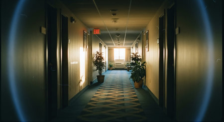 Interior of a hotel corridor at night. Long corridor in the hotel.の素材