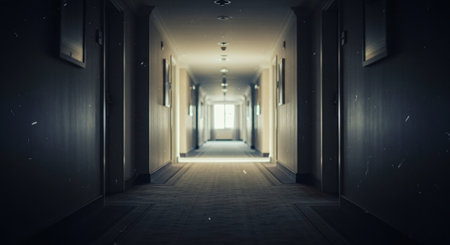 Interior of a corridor with light coming from the end. 3D renderingの素材