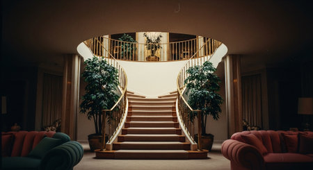 Luxury interior of a modern living room with stairs and plantsの素材