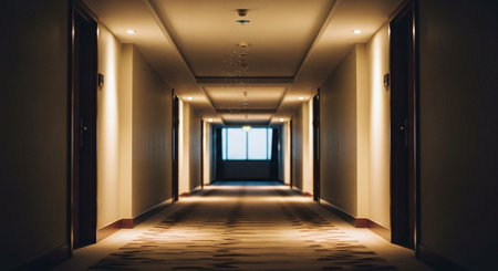 Interior of a hotel corridor with light coming from the window.の素材