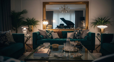 Luxury living room interior with green sofa and a piano.の素材