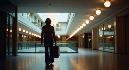 Rear view of businesswoman walking in corridor of modern office buildingの素材