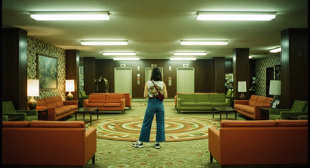 Young woman standing in hotel lobby, looking at the window. Back viewの素材