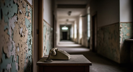 Old phone in the corridor of an abandoned hospital. Conceptual image.の素材