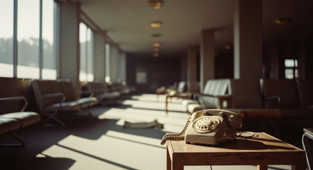 Vintage telephone in airport waiting room. Vintage tone filter effect.の素材
