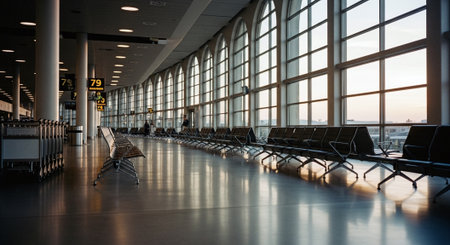 Interior of the airport terminal with rows of chairs and panoramic windowsの素材