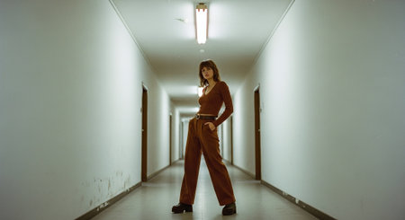 Portrait of a beautiful young brunette woman in a dark corridorの素材