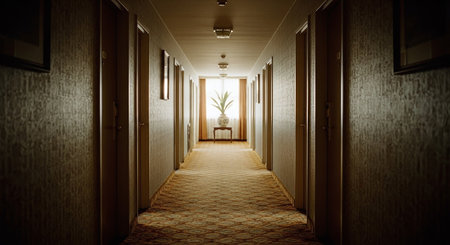 Interior of a hotel corridor with wooden doors and windows, 3d renderの素材