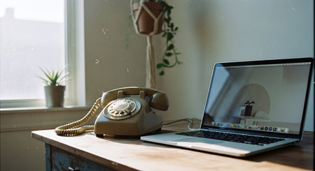 Laptop and phone on a table in the room with a windowの素材