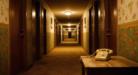 Interior of an old hospital corridor with a telephone in the foregroundの素材