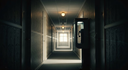Interior of a corridor in a hospital with light coming through the windowの素材