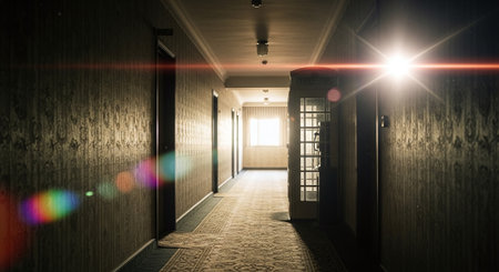 Interior of a hotel corridor lit by the sun. 3D renderingの素材