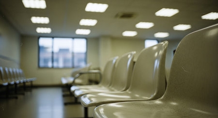 Empty chairs in the waiting room of a modern hospital, shallow depth of fieldの素材